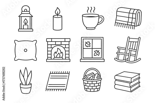 Cozy autumn essentials: lantern, candle, mug, blanket, fireplace, and rocking chair line icons