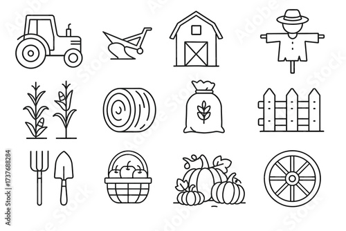 Black line farm icons featuring tractor, barn, and harvest tools