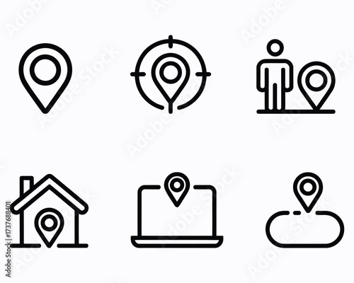 Various Location Iconography Representing Different Mapping Concepts for Apps Websites and Digital Media Platforms Visualizing Places Addresses and Directions
