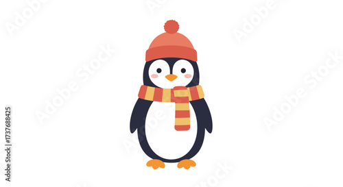 Cute cartoon penguin wearing a red winter hat and striped scarf.