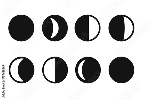 Moon phases illustration showing eight lunar cycle stages in black and white