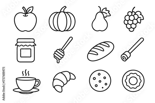 Black and white food icons: apple, pumpkin, pear, grapes, jam, honey, bread, cinnamon, tea, croissant, cookie, tart