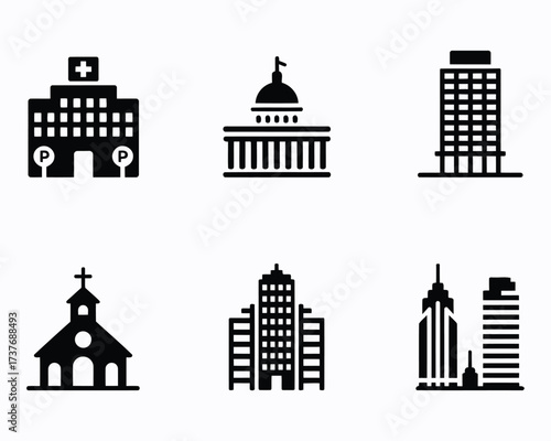 Collection of Buildings and Landmarks featuring a Hospital, Church, Capitol Building, Modern High Rise, and Urban Skyscrapers in Black and White