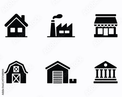 A Diverse Collection of Black and White Building Icons Representing a House, Factory, Store, Barn, Shed, and Government Building