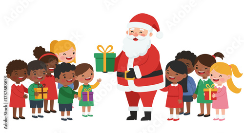 Santa Claus giving gifts to happy diverse children at Christmas party.