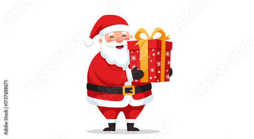 Happy Santa Claus cartoon character holding a festive red gift box.