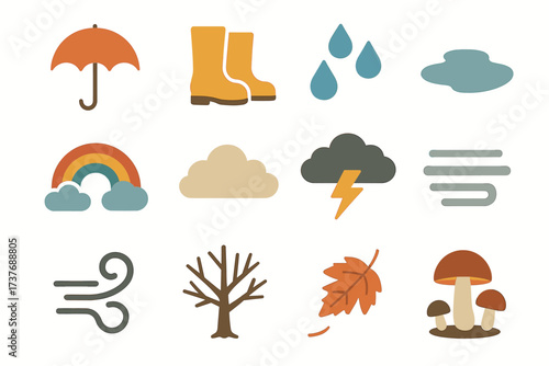 Colorful weather icons including umbrella, boots, storm cloud, and more