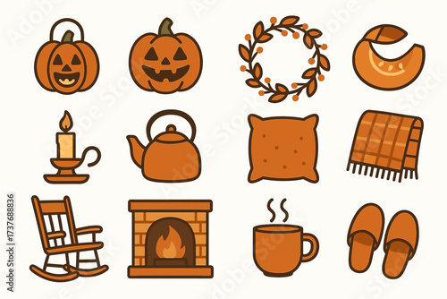 Autumn icon set: pumpkin, candle, fireplace, cozy elements