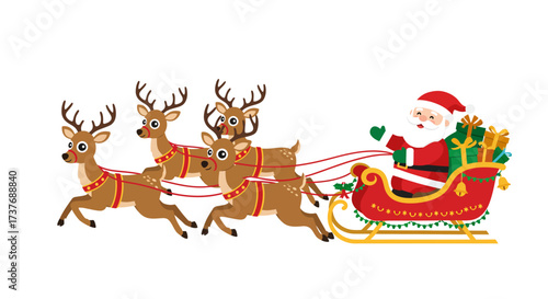 Santa Claus and reindeer pulling sleigh delivering Christmas gifts.