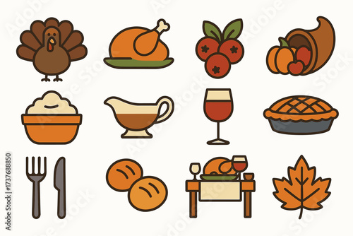Thanksgiving icons: turkey, cornucopia, cranberries, pie, and more festive symbols