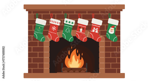 Cozy Christmas fireplace with festive stockings and a warm fire.
