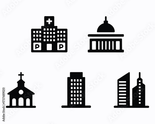 Collection of Buildings Representing Landmarks and Institutions Symbolizing Community Infrastructure with Churches, Hospitals, Governmental Buildings, Skyscrapers, and Urban Development