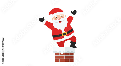 Cartoon Santa Claus emerging from a snowy brick chimney.
