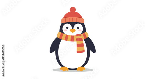 Cute cartoon penguin wearing winter hat and scarf.