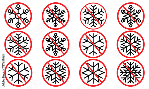 No Freeze Icon Set – Prohibition Sign with Winter Weather Symbols, Snowflake Ban Vector Illustration