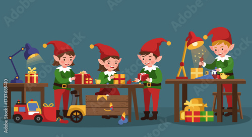Christmas elves busy wrapping presents and making toys in workshop.