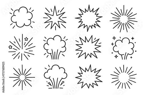 Set of hand-drawn comic clouds and starburst explosions in black and white
