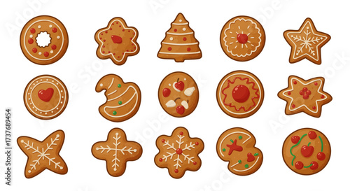Assortment of festive gingerbread cookies with icing decorations for holiday celebrations.