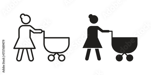 Woman with Baby Stroller icon art in black and white