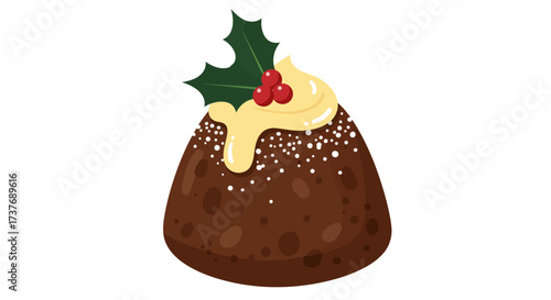 Traditional Christmas Pudding with Holly and Berries Festive Holiday Dessert.