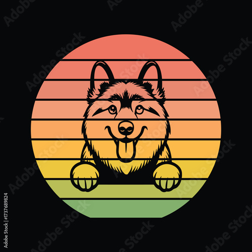 Norwegian Elkhound Dog Peeking Sunset Vintage Retro Dog Lover