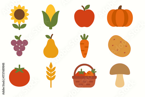Colorful autumn harvest icons featuring fruits, vegetables, and grains