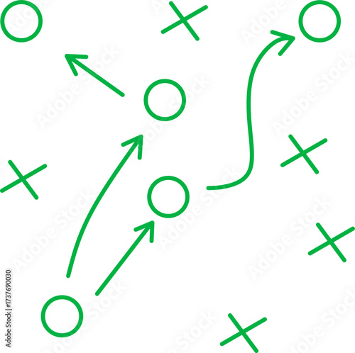 Hand-drawn green sports strategy diagram with Xs, Os, and arrows, illustrating teamwork, tactical planning, and play design on a white background.
