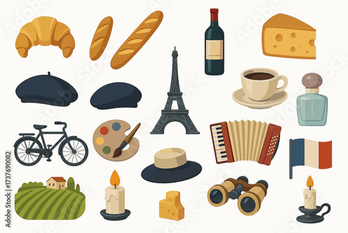 French culture icons: eiffel tower, croissant, wine, cheese, beret, flag