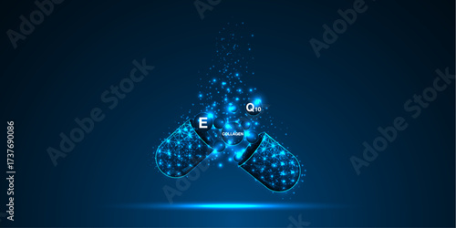 Abstract 3D open capsule, pill and drug with vitamins and collagen in geometric low poly wireframe design. Concept care, science, and technology. Vector illustration.