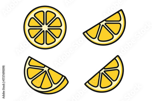 Yellow lemon slices and wedges illustration on white background