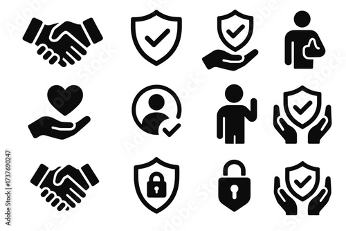 Set of security and community icons: handshake, shield, heart, person, lock symbols