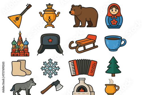 Traditional russian symbols: balalaika, matryoshka, samovar, sled, bear