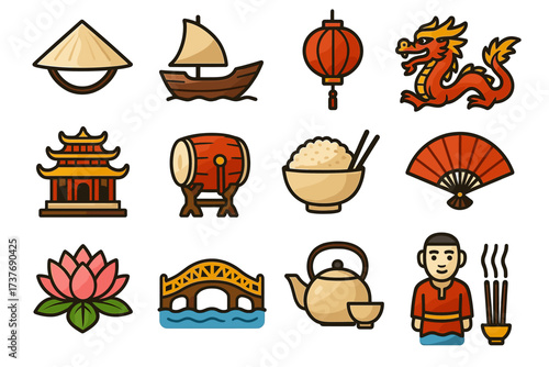 Traditional asian icons collection: lantern, dragon, teapot, lotus, bridge, asian male