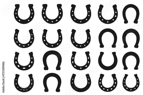 Collection of various horseshoe designs on white background