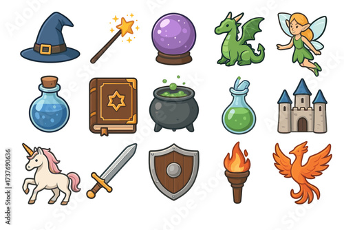 Fantasy icons: wizard hat, magic wand, crystal ball, dragon, fairy, potions, unicorn, sword, shield, torch, phoenix