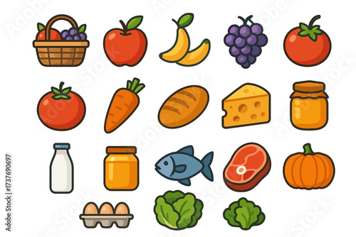 Colorful cartoon food icons featuring fruits vegetables and dairy products