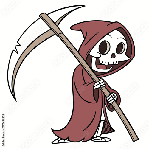 A cartoon Grim Reaper: a smiling skeleton in a dark red hooded cloak holding a long-handled scythe with a curved blade, drawn with exaggerated eye sockets and a wide toothy grin in a friendly.