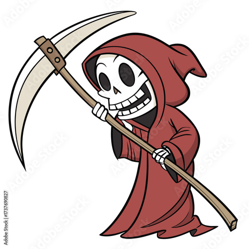The figure is a skeleton with a wide, toothy grin and large, expressive eyes. It's wearing a long, hooded robe that is a deep red or maroon color. It's holding a large scythe with a wooden handle.