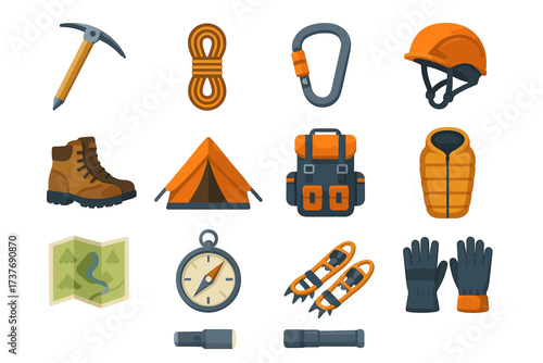 Collection of essential mountaineering and hiking gear for safety and adventure