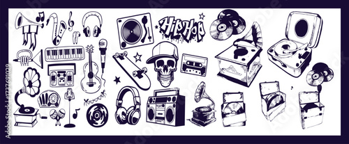 Set of flat illustrations of musical instruments, headphones, microphones, tape recorder, gramophone and radio in cartoon, hand-drawn style