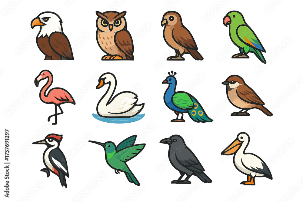 Obraz premium Colorful cartoon birds collection featuring eagle, owl, parrot, and more