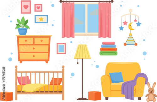 Nursery room interior design with crib dresser and armchair vector illustration
