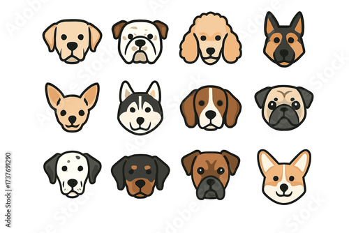 Cute cartoon dog faces illustration featuring various breeds in colorful vector style