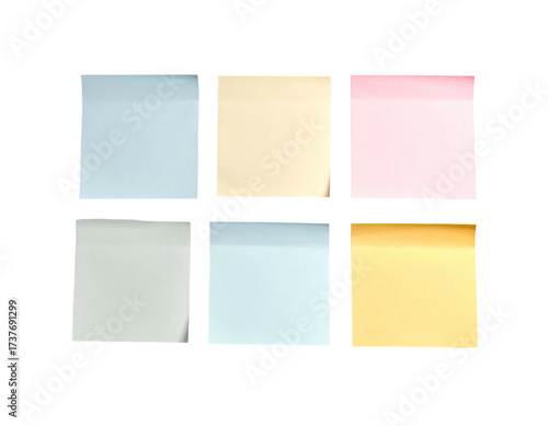 Six colorful sticky notes arranged in a grid, against a stark black background