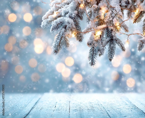 Winter Holiday Background with Snow-Covered Fir Branch and Bokeh Lights