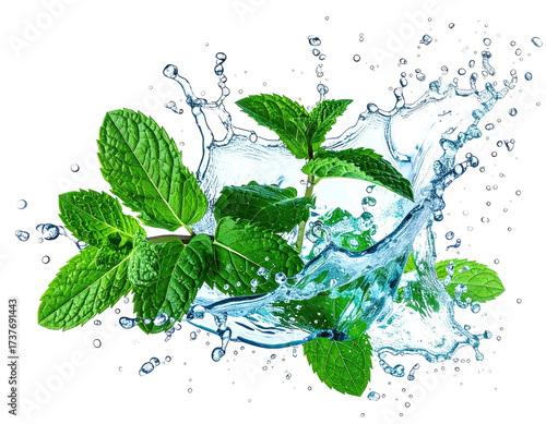 Fresh green mint sprigs bursting from a dynamic splash of clear water against black