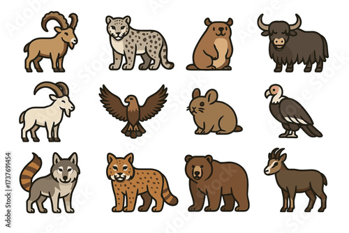 Colorful cartoon animals featuring bear, wolf, ibex, and more wildlife creatures