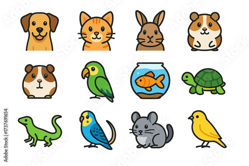 Cute cartoon animals collection: dog, cat, rabbit, hamster, parrot, fish, tortoise