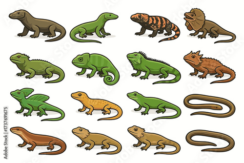 Collection of diverse cartoon reptiles including lizards and snakes
