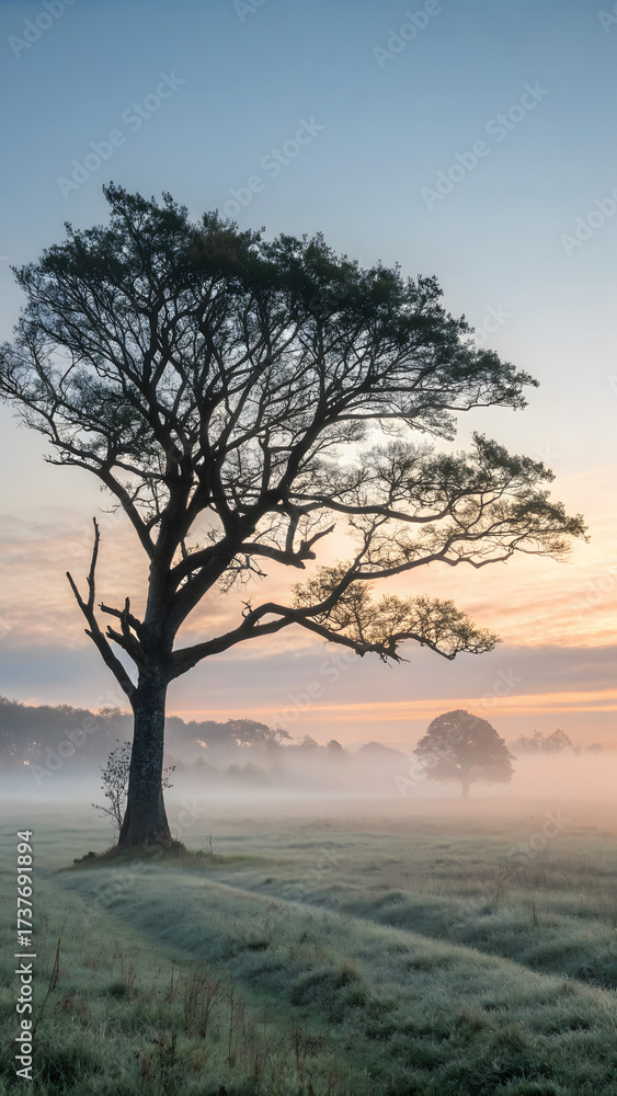 Obraz premium Solitary Tree in Misty Sunrise Field – Tranquil Nature Landscape
